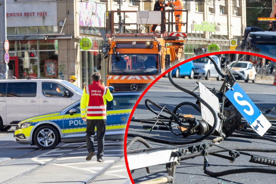 Dresden: Oberleitung gerissen: Lkw mit Bagger legt Verkehr in Dresdner Neustadt lahm