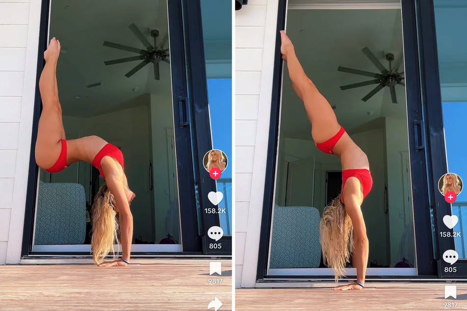 Olivia Dunne is turning heads with her latest viral TikTok showing off her insane gymnastics flexibility wearing a red swimsuit bikini.