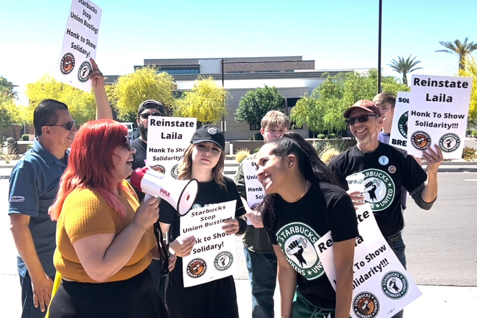 Phoenix Starbucks workers from the Scottsdale and Mayo store protest to demand the reinstatement of fired union organizer Laila Dalton.