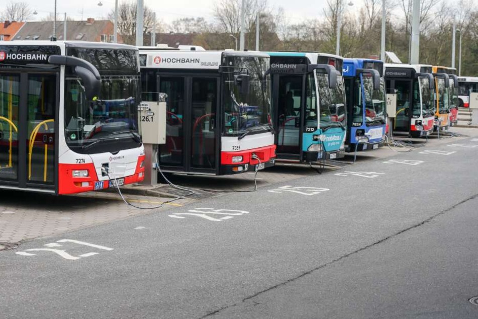 Busse des Hamburger Verkehrsverbundes stehen auf einem Betriebshof für ihren Einsatz bereit.