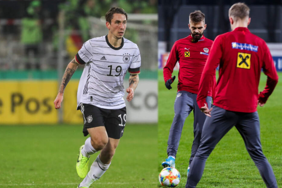 Adrian Fein (links) spielte für die deutsche U21 45 Minuten, Lukas Hinterseer (rechts am Ball) absolvierte in zwei Partien 21 Minuten.