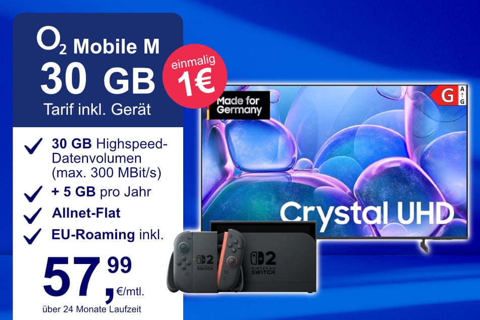 Die Nintendo Switch 2 plus Samsung 50-Zoll Crystal UHD im o2 Mobile M inkl. 30 GB+ für einmalig nur 1 Euro.