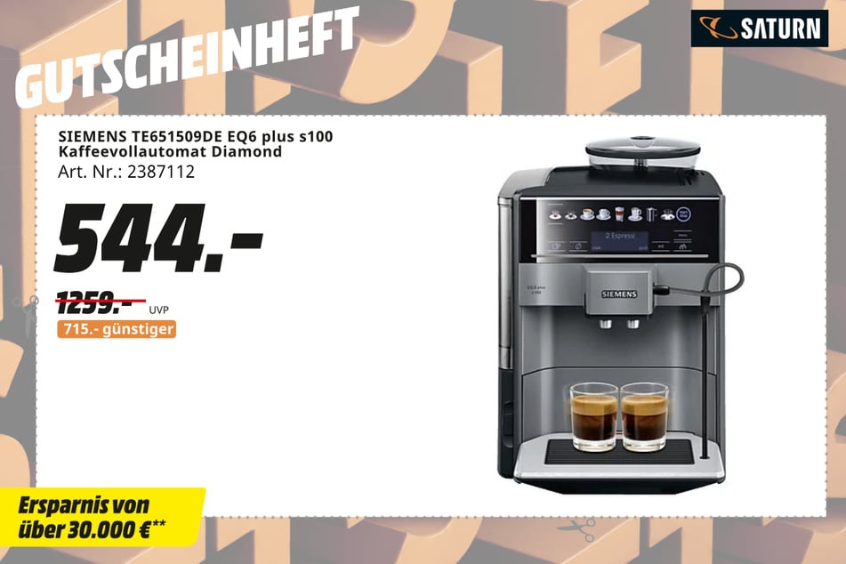 Siemens-Kaffeevollautomat TE651509DE EQ6 plus s100 für 544 statt 1.259 Euro.