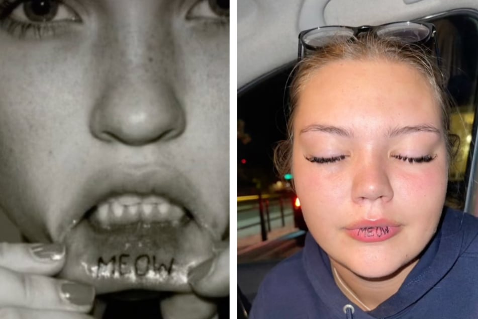 Wilma Hägglund's actual tattoo wish (left) was not fulfilled. Instead, the tattoo artist placed the lettering "MEOW" much more prominently.