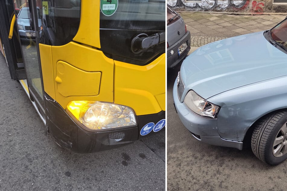 Kratzer am Bus und eine Delle am Unfall-Audi nach der Kollision auf der Bunsenstraße.
