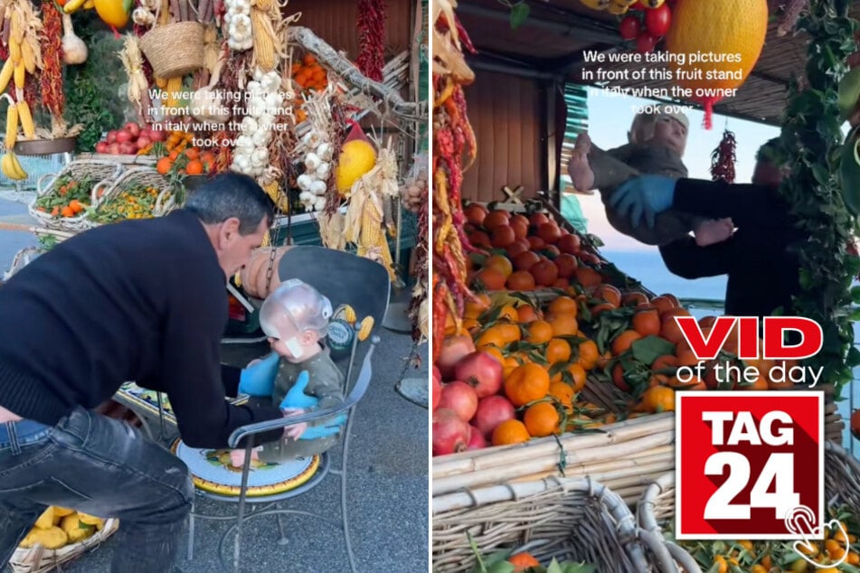 Today's Viral Video of the Day features a fruit stand owner that set up the perfect impromptu photoshoot by placing a toddler on his cart!