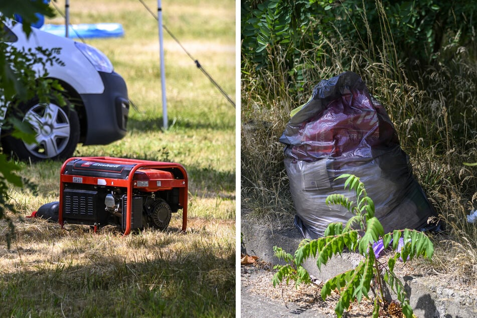 Die Stromgeneratoren laufen im Roma-Camp in Zwickau Tag und Nacht, Müll liegt im Gebüsch am Rand.