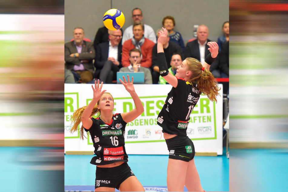 Präzise zuspielen und erfolgreich angreifen. Das wollen Brie King (l.) und Camilla Weitzel auch am Samstag in Erfurt.