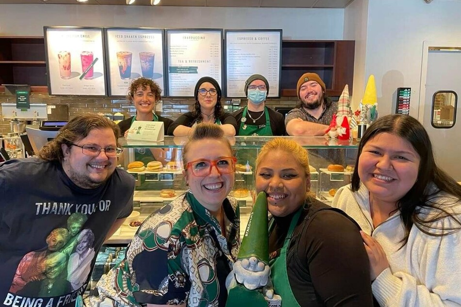 Starbucks workers at the Holman Rd. location in Seattle celebrate their union victory.
