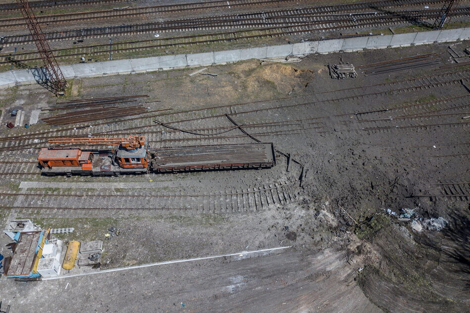 The aftermath of a missile attack on a train station in the Dnipropetrovsk region.