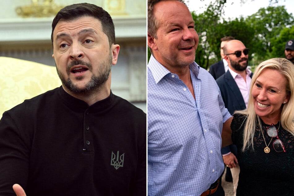 Brian Glenn, conservative commentator and boyfriend of Congresswoman Marjorie Taylor Greene (r.), mocked Volodymyr Zelensky (l.) during his White House visit.