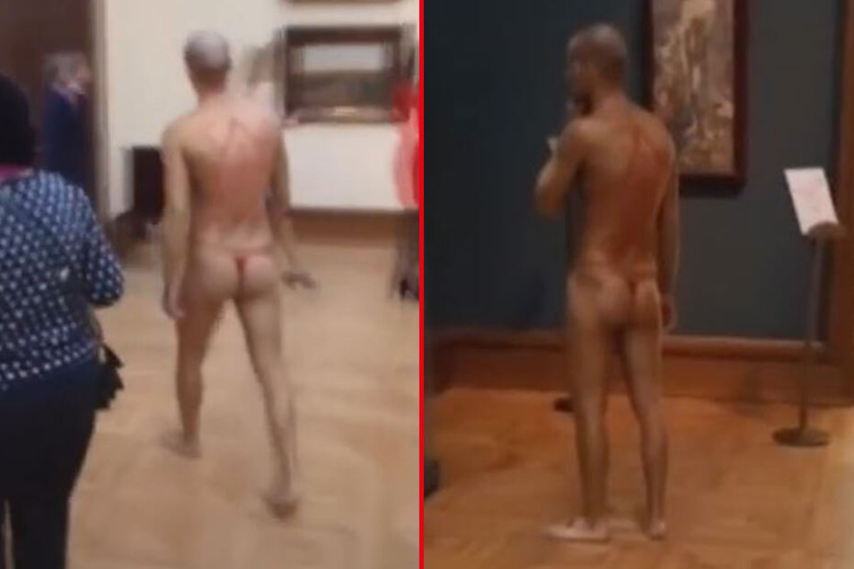 Auf dem Video ist zu sehen, wie der Tanga-Mann in aller Seelenruhe die Kunstwerke anschaut und durch die Galerie schlendert.