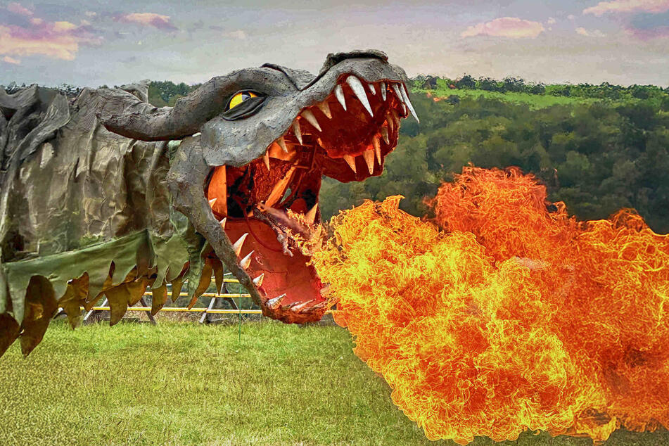 Der zwölf Meter lange Drache Fangdorn will seinen Schatz beschützen und speit mit Feuer um sich.