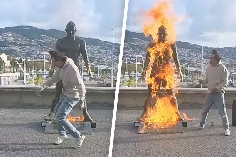 Mann zündet Ronaldo-Statue an und tanzt wild vor brennendem Fußball-Star