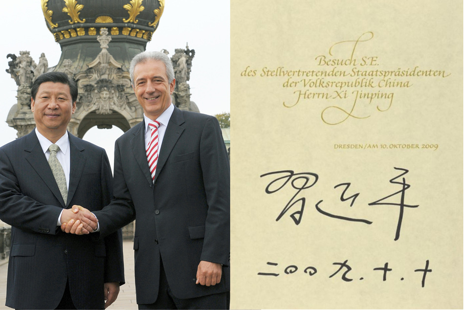 MP Stanislaw Tillich 2009 mit Chinas Xi Jinping, damals "nur" stellvertretender Präsident Chinas. (Bildmontage)