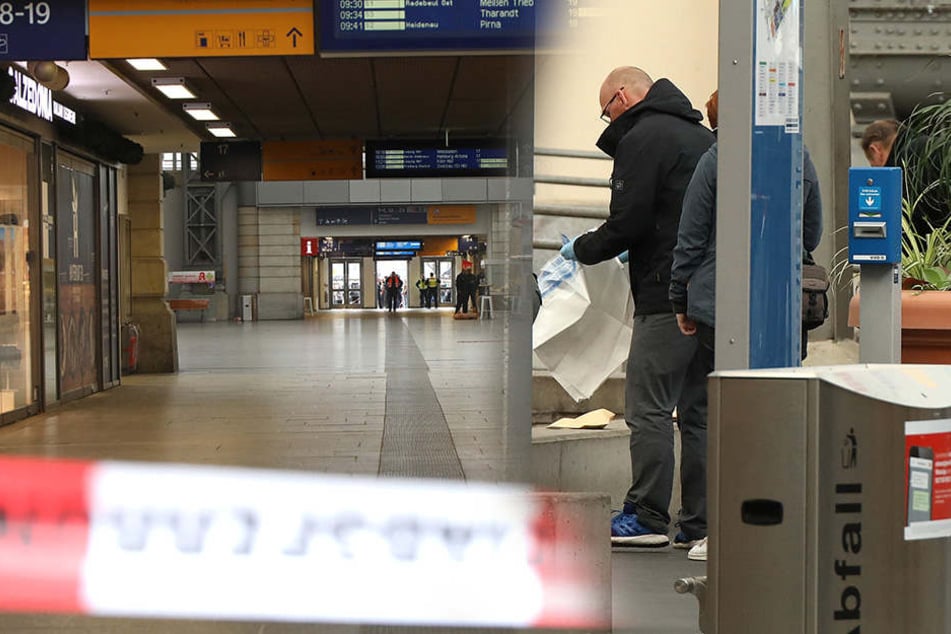 Einsatzkräfte während des Bombenalarms im Hauptbahnhof in Dresden.
