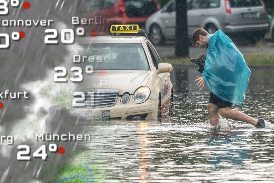 Ein Mann geht über die überflutete Tiergartenstraße in Berlin-Mitte. (Bildmontage)