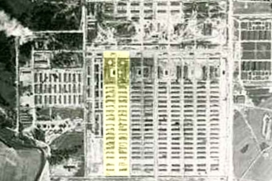 Kartenausschnitt des KZ Auschwitz-Birkenau - Block B II e hervorgehoben.