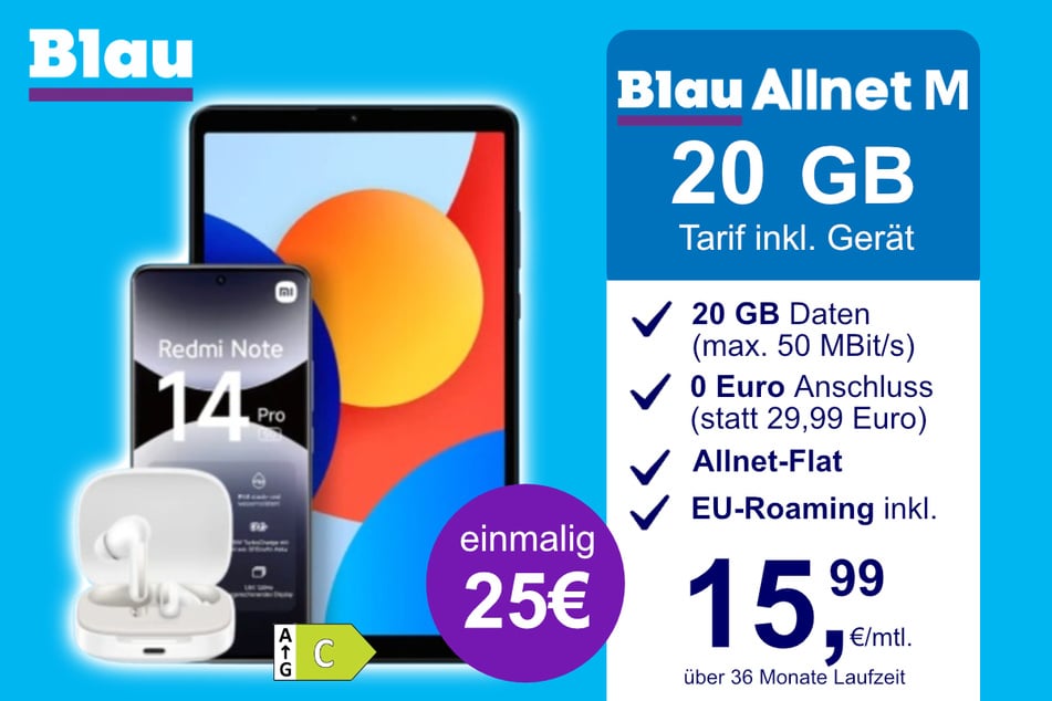 Das Xiaomi Redmi Note 14 Pro + Pad SE + Buds 6 im Blau Allnet M für einmalig 25 Euro.