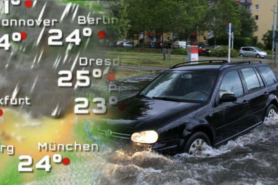 Ein Auto fährt über eine teilweise überflutete Straße.