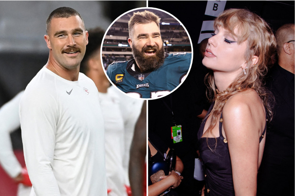 Jason Kelce (c.) has weighed in on the rumors that his brother, Travis, is dating Taylor Swift.