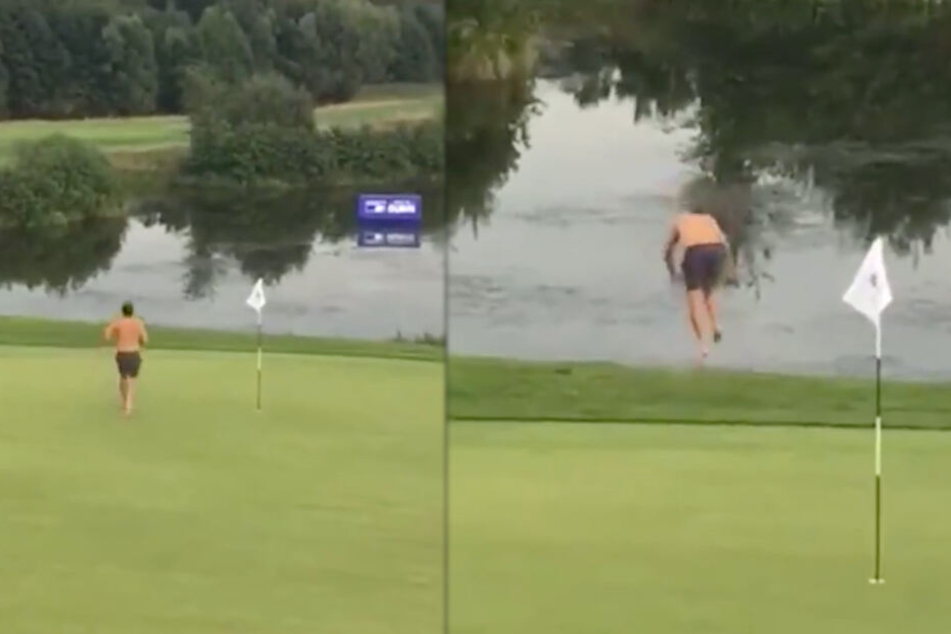 Der Mann lief nur mit Unterhose bekleidet übers Grün und sprang in den angrenzenden See.
