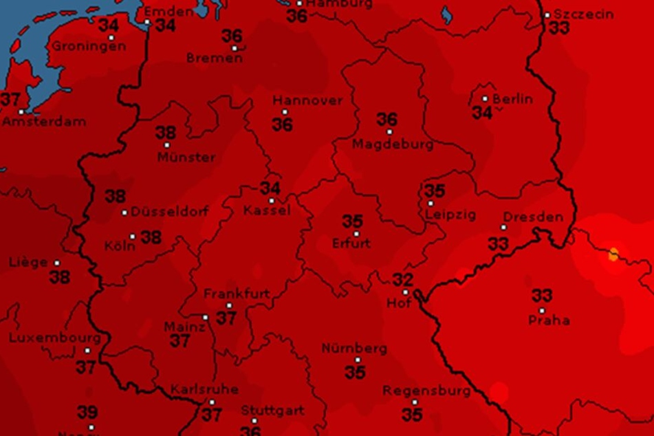So sieht die Wetterkarte für Donnerstag laut WetterOnline aus. Der DWD prognostiziert Höchsttemperaturen.