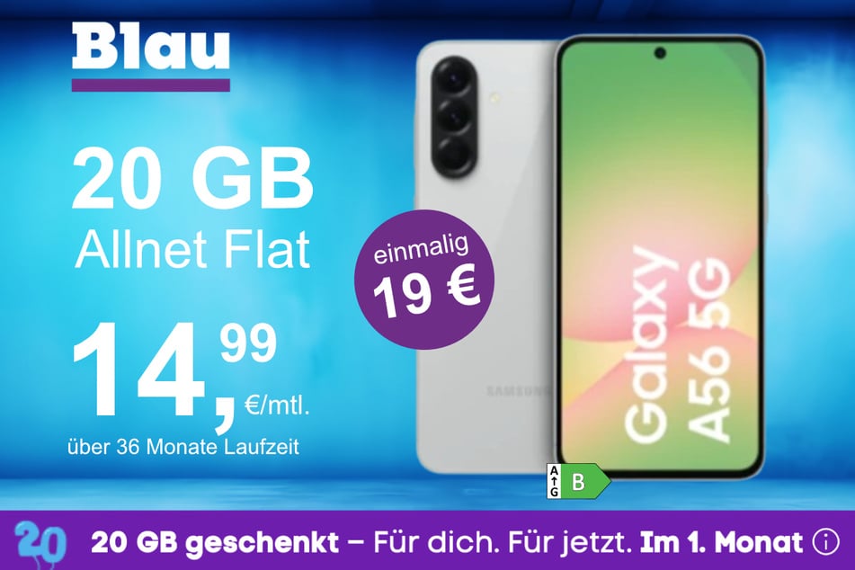 Das Samsung Galaxy A56 5G im Blau Allnet M für einmalig 19 Euro.