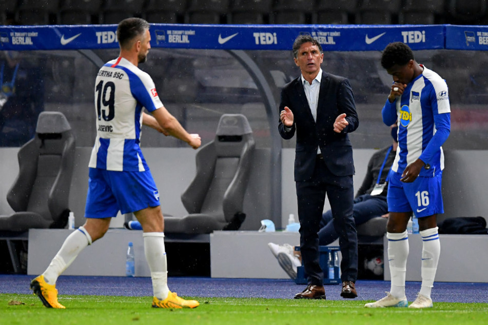 Herthas Trainer Bruno Labbadia (M) bedankt sich bei Vedad Ibisevic (l) bei dessen Auswechslung.