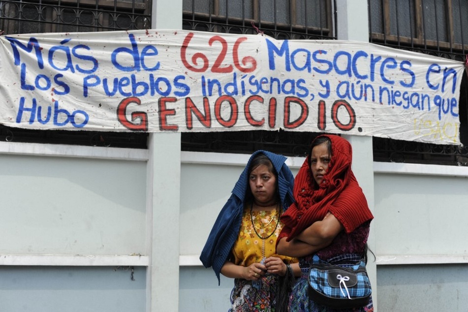 Maya Ixil people, survivors of the Guatemalan Civil War and their descendants, protest for accountability in the genocide of Indigenous peoples.