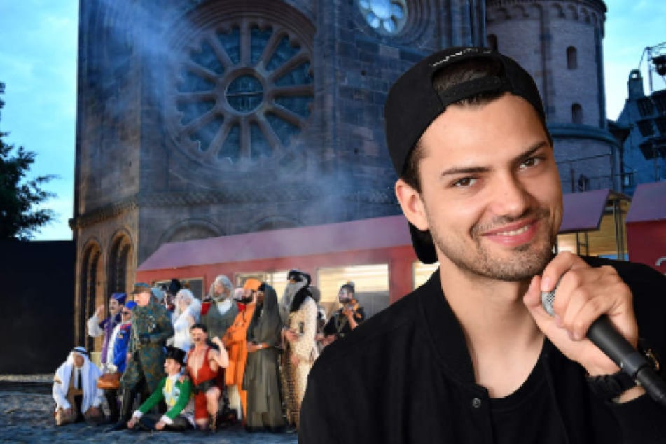Jimi Blue Ochsenknecht (26) vor der imposanten Kulisse des Wormser Doms.