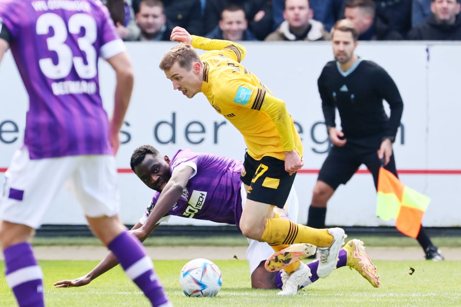 Niklas Hauptmann (M.) bereitete beim letzten Duell mit Osnabrück das Siegtor von Dynamo Dresden vor. Heute ist sein Einsatz allerdings noch fraglich.