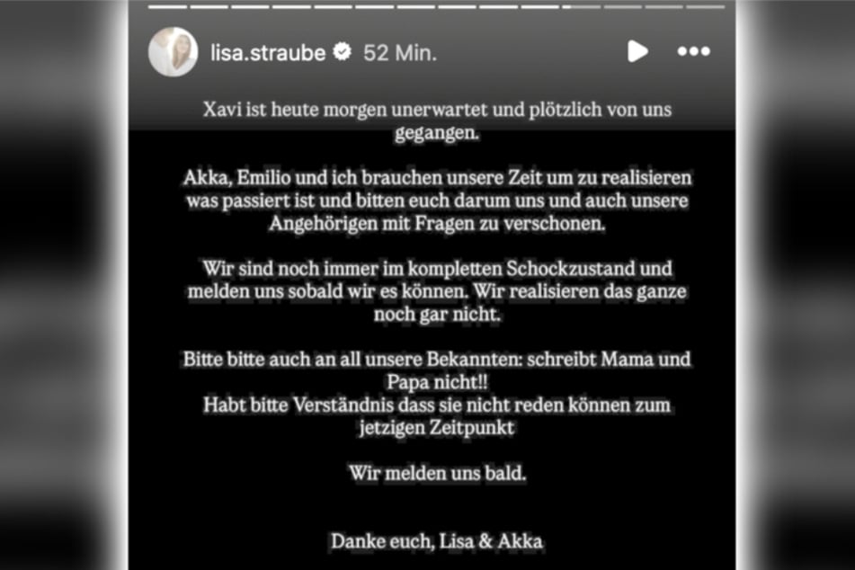 Die 25-Jährige sprach kurz nach Xavis Tod auf Instagram von einem "kompletten Schockzustand".