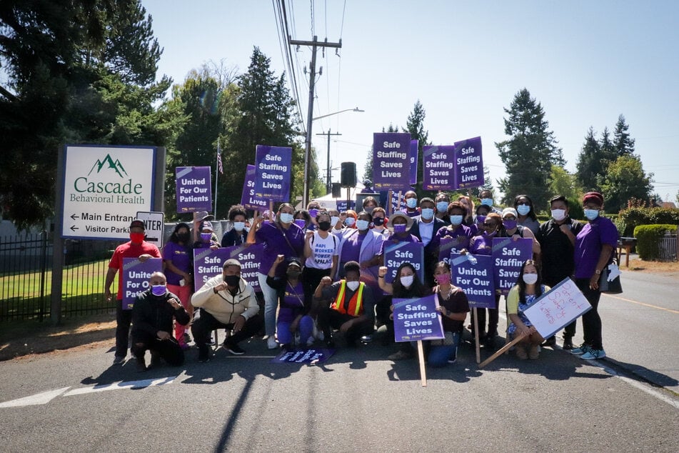 Workers at Cascade Behavioral Health in Tukwila, Washington, strike for better wage, staffing, and security provisions.
