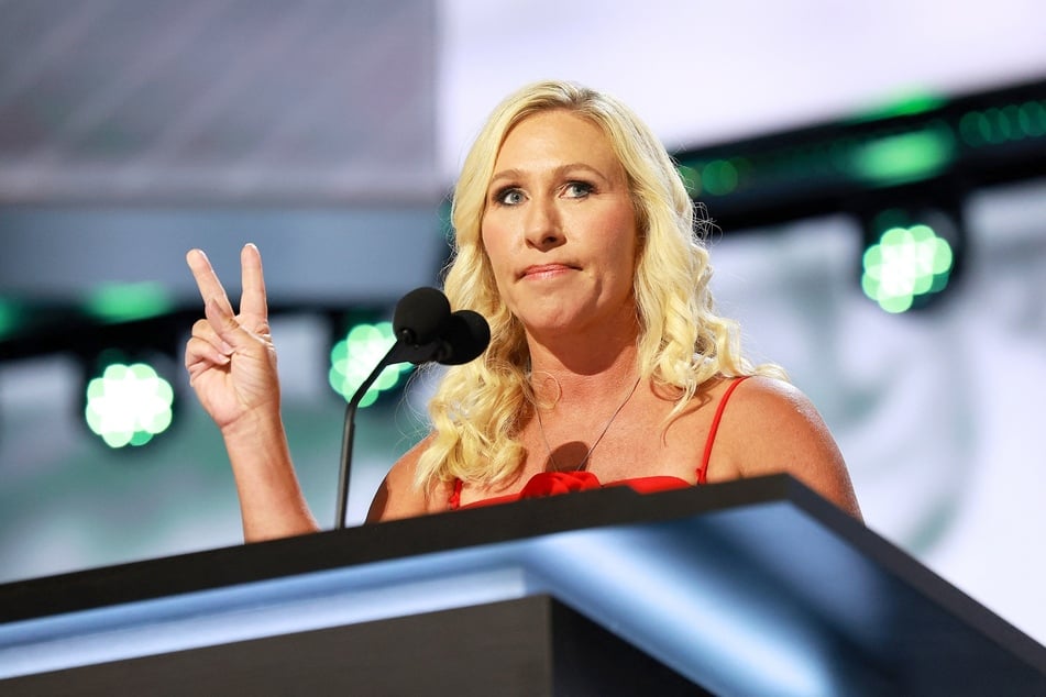 Marjorie Taylor Greene speaking during the first day of the Republican National Convention at the Fiserv Forum in Milwaukee, Wisconsin on July 15, 2024.