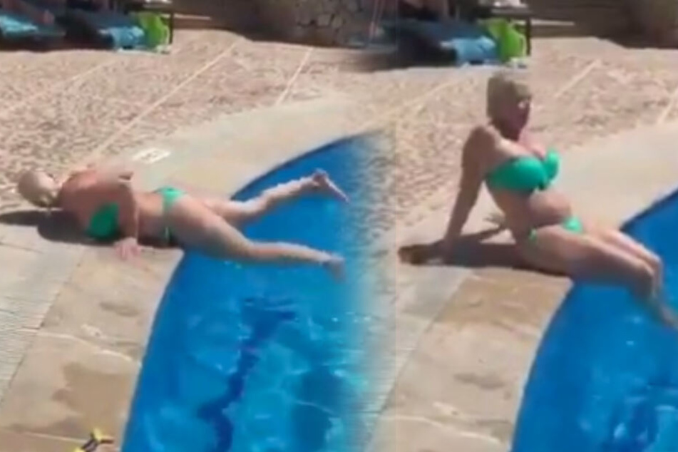 Beim Verlassen des Pools muss Daniela scheinbar kämpfen. Nur einen Moment später ist sie wieder da, die katzenhafte Eleganz.