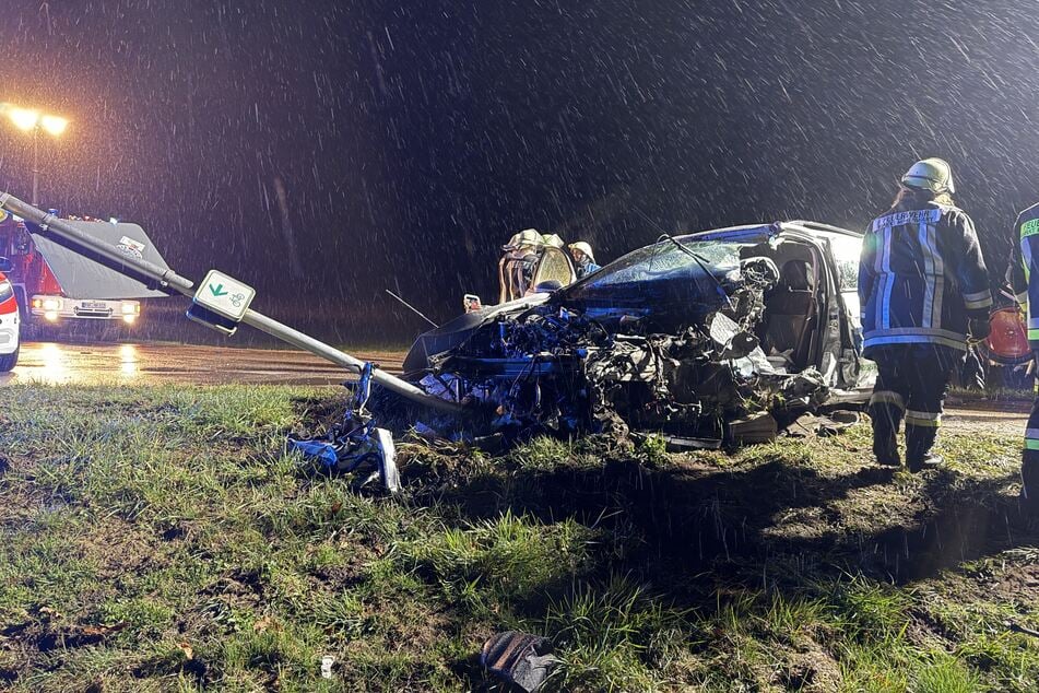Das Auto krachte bei Schneeregen gegen einen Baum und Verkehrsschilder.
