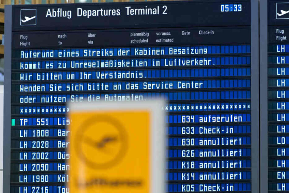 Zahlreiche Flüge der Lufthansa werden auf einer Anzeigetafel am Münchener Flughafen als "cancelled" ausgewiesen.