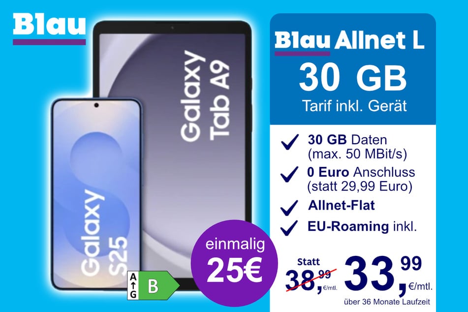 Das Samsung Galaxy S25 + Galaxy Tab A9 im Blau Allnet L für einmalig 25 Euro.
