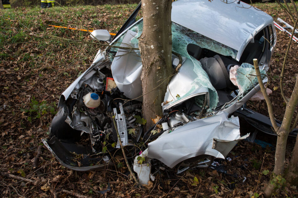 Das Auto krachte mit hoher Geschwindigkeit gegen den Baum.