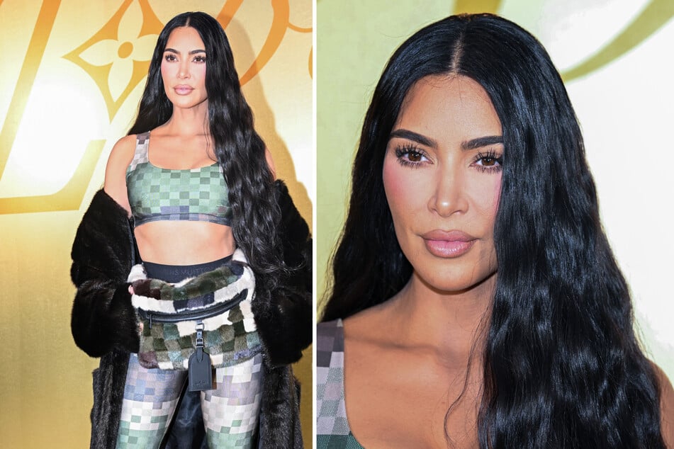 Kim Kardashian wore a matching set featuring a pixelated pattern to Tuesday's Louis Vuitton show.