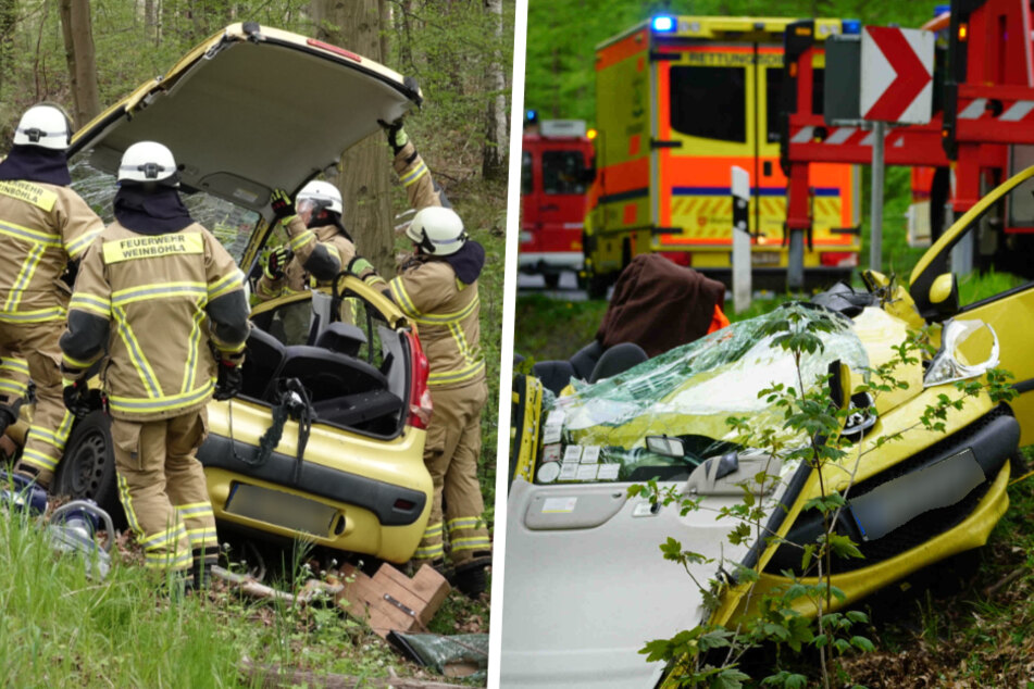 Schwerer Crash in der Nähe von Dresden: Peugeot knallt gegen Baum, Fahrerin muss befreit werden