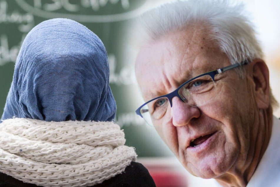 Ministerpräsident von Baden-Württemberg Winfried Kretschmann hält das Kopftuchverbot für nicht durchsetzbar. (Fotomontage)