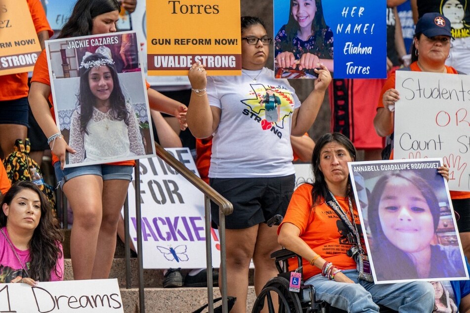 Families of children murdered in the mass shootings of Uvalde and Santa Fe demand gun reform at the Texas Capitol in Austin.