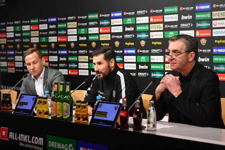 Pressesprecher Henry Buschmann, Cristian Fiel und Ralf Minge (v.l.) auf der Pressekonferenz am Donnerstag.