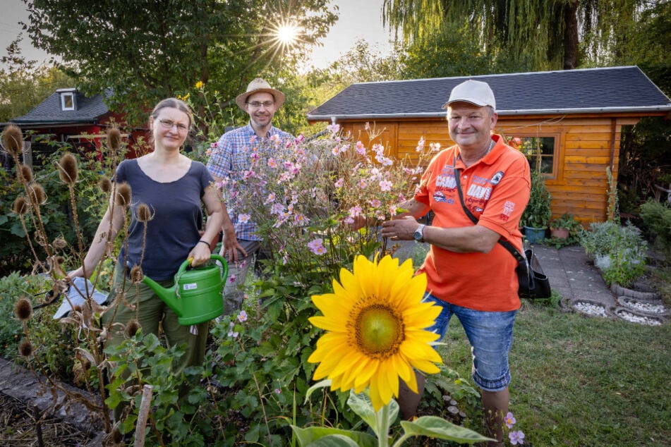 Elisabeth Grund (44, v.l.), Thomas Lieber (47) und Ralf Puschmann (62) im Bürgergarten am Knappteich.