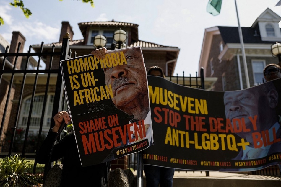 Activists protest outside the Ugandan Embassy in Washington DC over Uganda's parliamentary anti-LGBTQ+ bill.