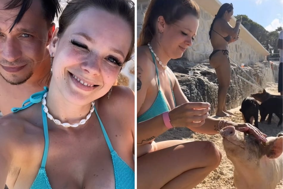 Anne Wünsche (33), Freund Karim und die drei Kinder verbrachten einen Tag am "Pig Beach".