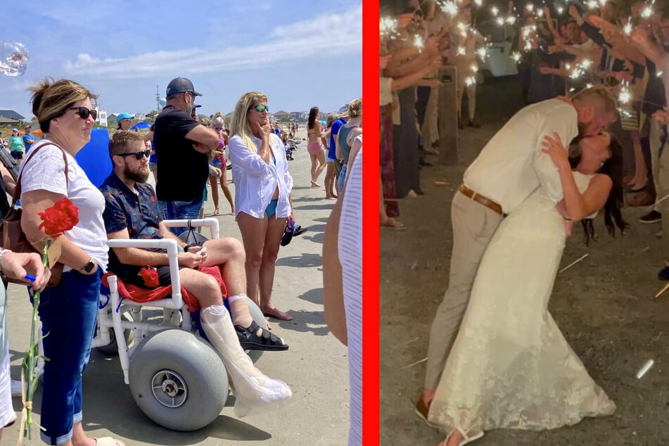 Am vergangenen Samstag fand die Trauerfeier für Samantha statt - an jenem Strand, an dem sie und Aric (Links im Rollstuhl zu sehen) zuvor geheiratet hatten.