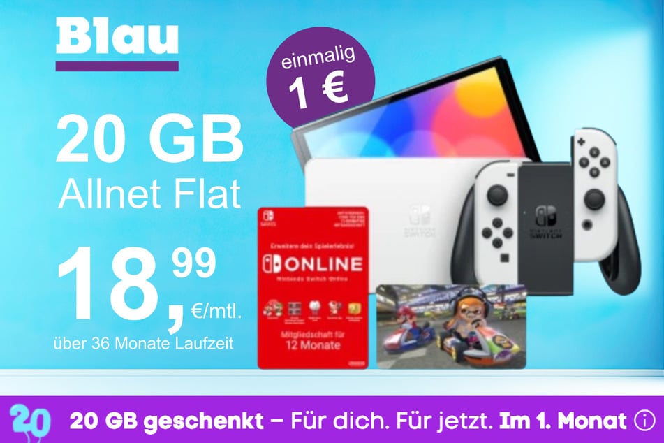 Die Nintendo Switch OLED + Mario Kart 8 im Blau Allnet M inkl. 20 GB für einmalig nur 1 Euro.
